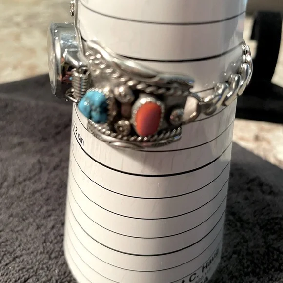 Vintage Navajo Turquoise & Coral Nugget Watchband Featuring New Watch - Picture 6 of 10